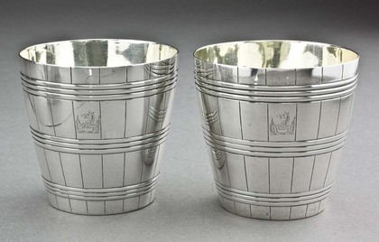 Bateman Silver Barrel Shaped Beakers (Pair) - Ducal Crest, Dalton, Draycott, Codrington